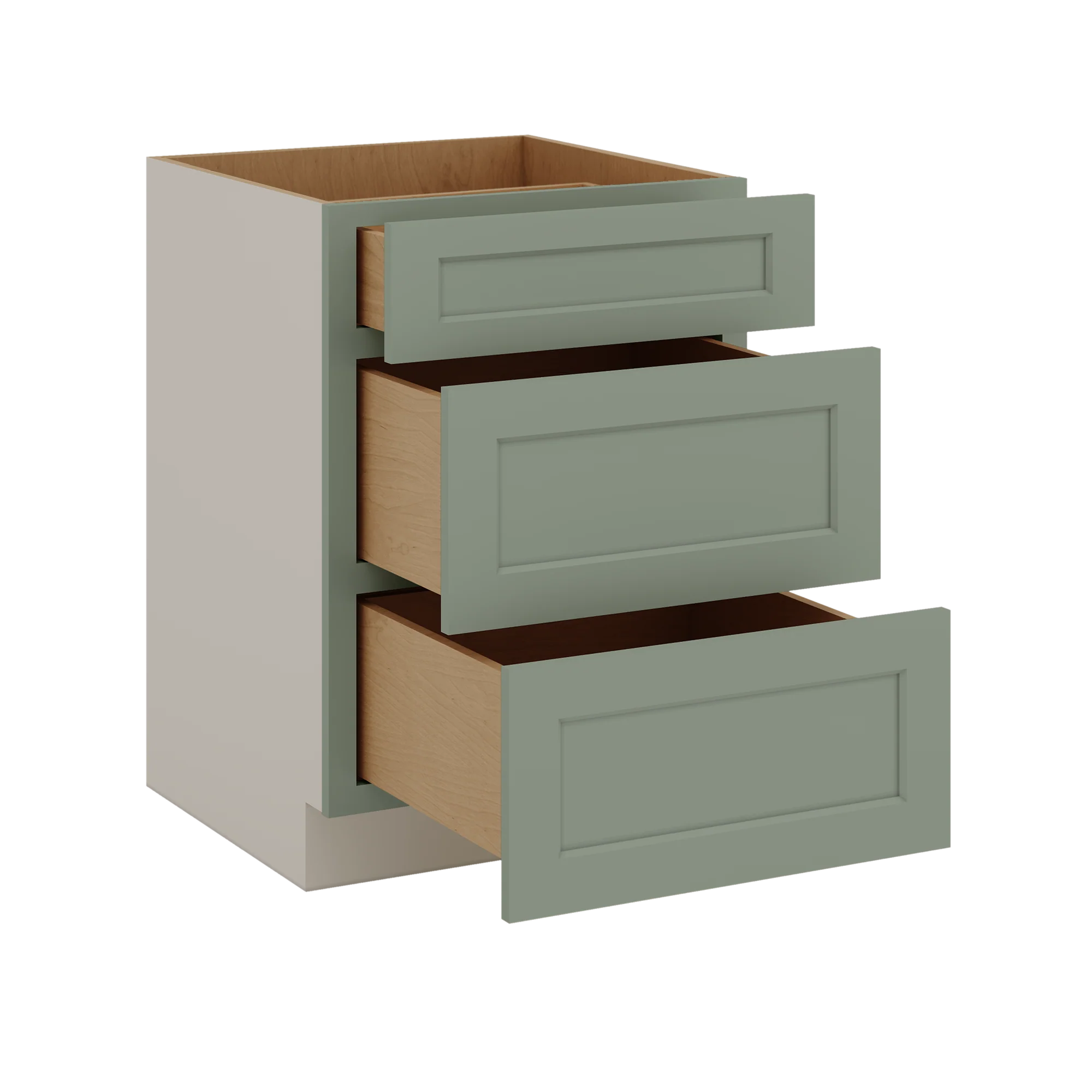 12", 15", 18", 21", 24", 30", 33" & 36" Wide 14SG Sage Green Shaker 1-1/4" Overlay 3 Drawer Base Cabinet - Image 10