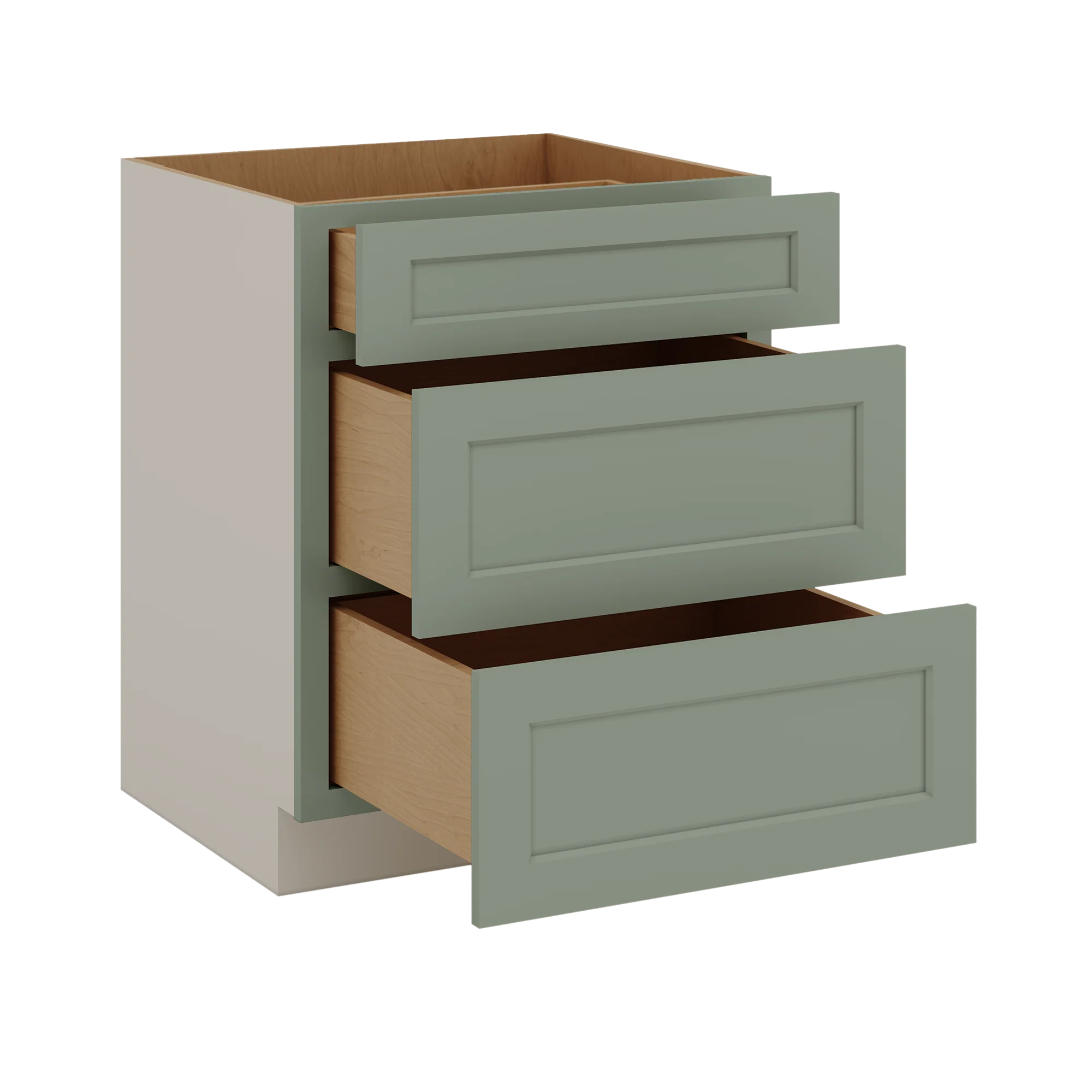 12", 15", 18", 21", 24", 30", 33" & 36" Wide 14SG Sage Green Shaker 1-1/4" Overlay 3 Drawer Base Cabinet - Image 12