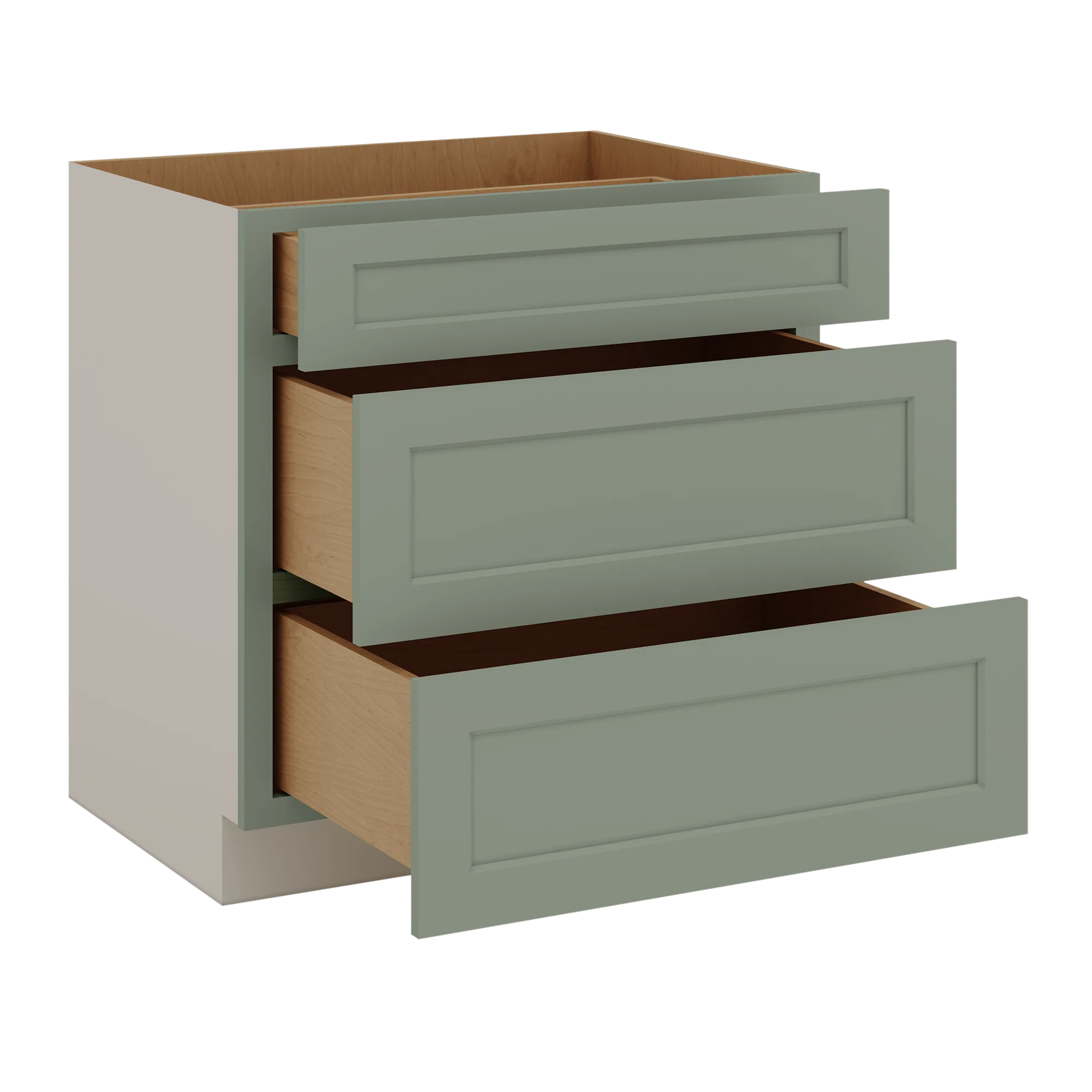 12", 15", 18", 21", 24", 30", 33" & 36" Wide 14SG Sage Green Shaker 1-1/4" Overlay 3 Drawer Base Cabinet - Image 16