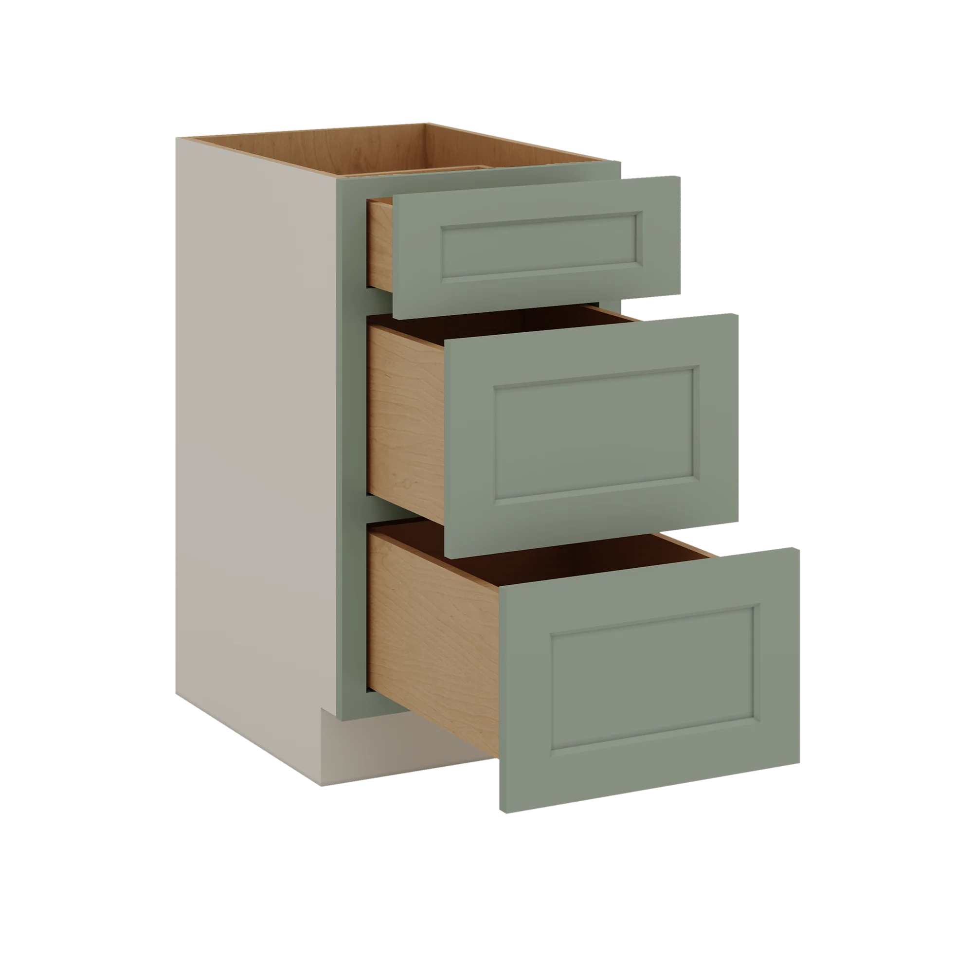 12", 15", 18", 21", 24", 30", 33" & 36" Wide 14SG Sage Green Shaker 1-1/4" Overlay 3 Drawer Base Cabinet - Image 24