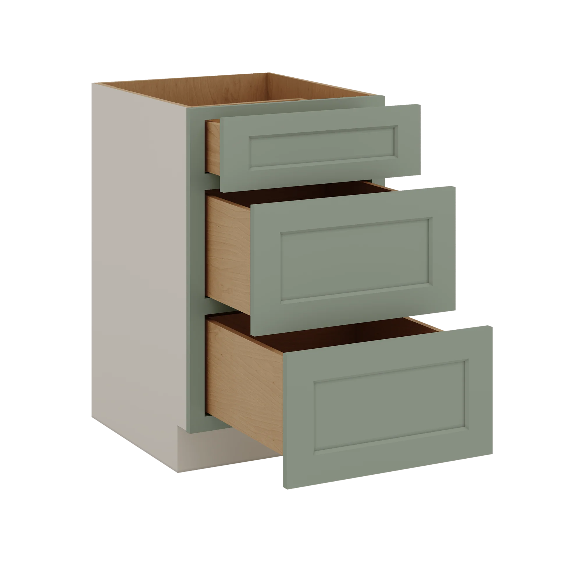 12", 15", 18", 21", 24", 30", 33" & 36" Wide 14SG Sage Green Shaker 1-1/4" Overlay 3 Drawer Base Cabinet - Image 26