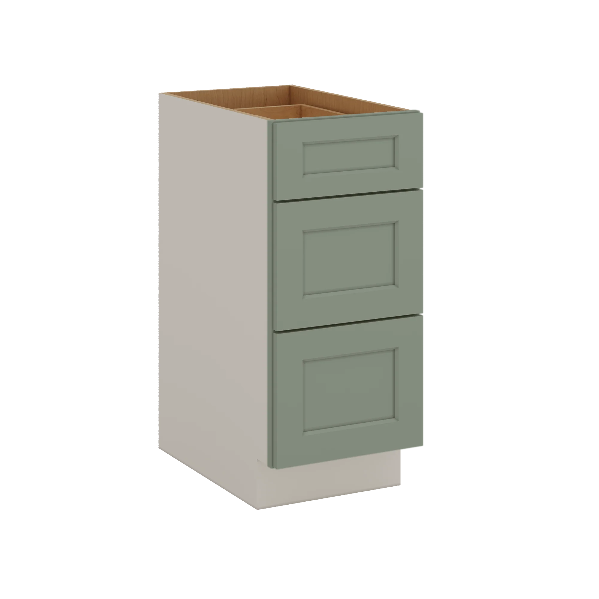 12", 15", 18", 21", 24", 30", 33" & 36" Wide 14SG Sage Green Shaker 1-1/4" Overlay 3 Drawer Base Cabinet - Image 3
