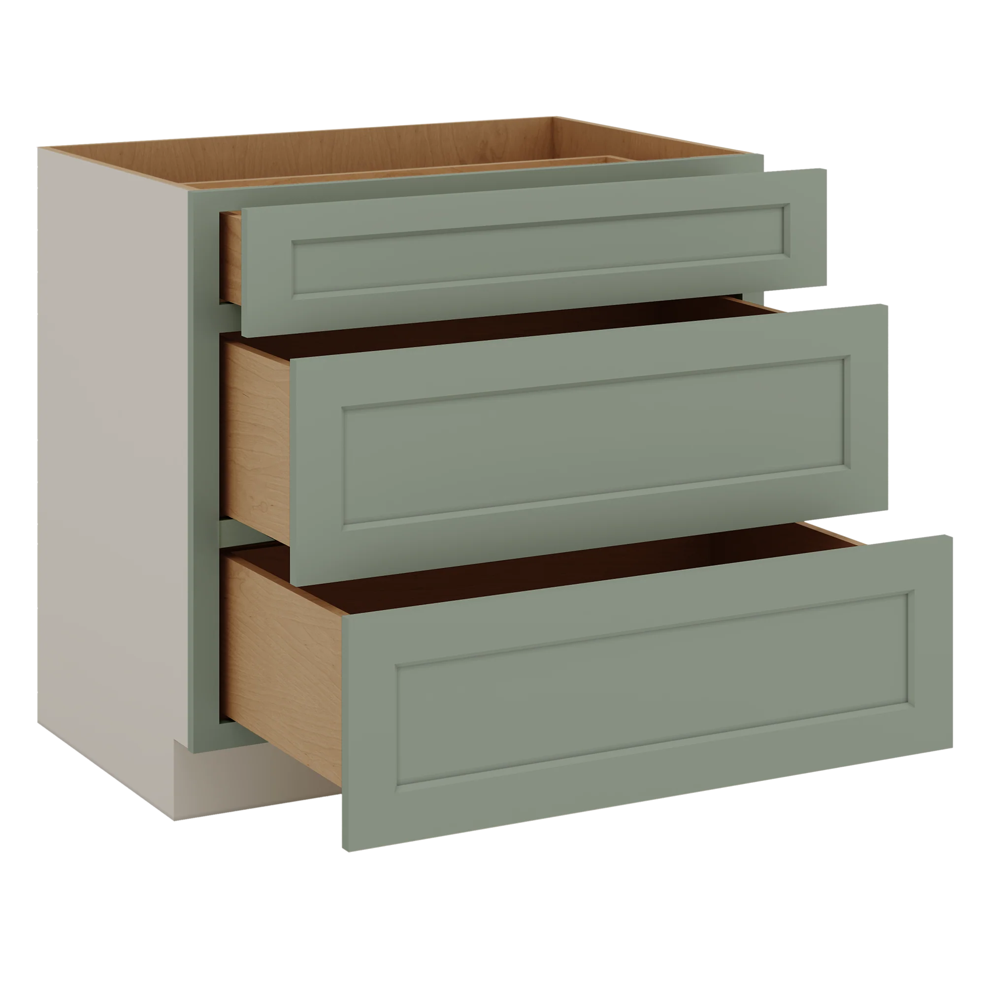 12", 15", 18", 21", 24", 30", 33" & 36" Wide 14SG Sage Green Shaker 1-1/4" Overlay 3 Drawer Base Cabinet - Image 36