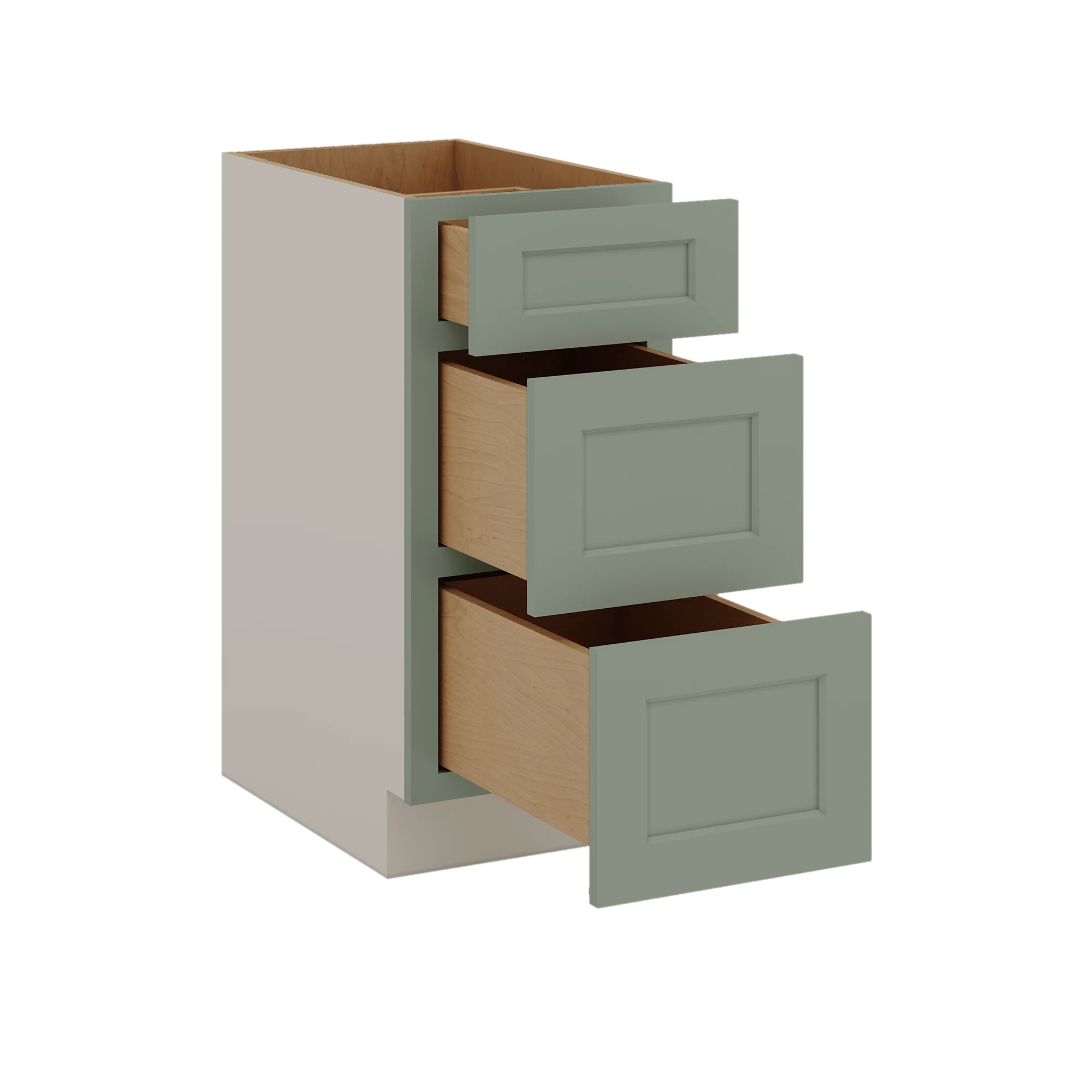 12", 15", 18", 21", 24", 30", 33" & 36" Wide 14SG Sage Green Shaker 1-1/4" Overlay 3 Drawer Base Cabinet - Image 4