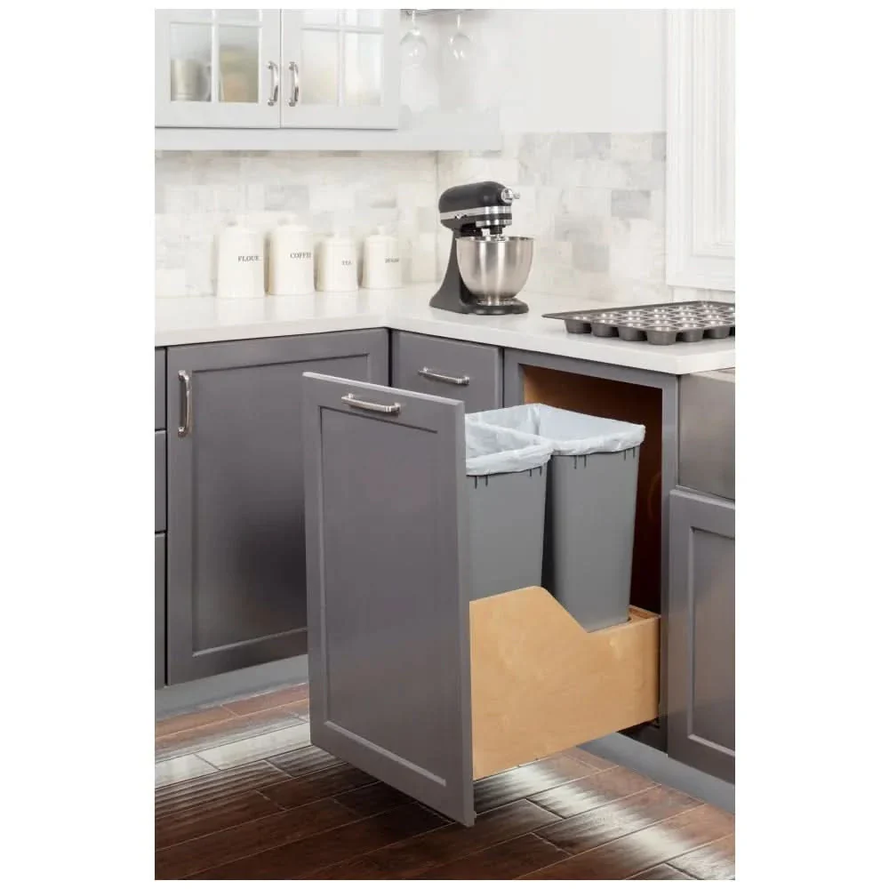 18" Double 50 Quart Wood Bottom-Mount Soft-close Trashcan Rollout for Door Mounting, Includes Two Cans - Hardware Resources - Image 2