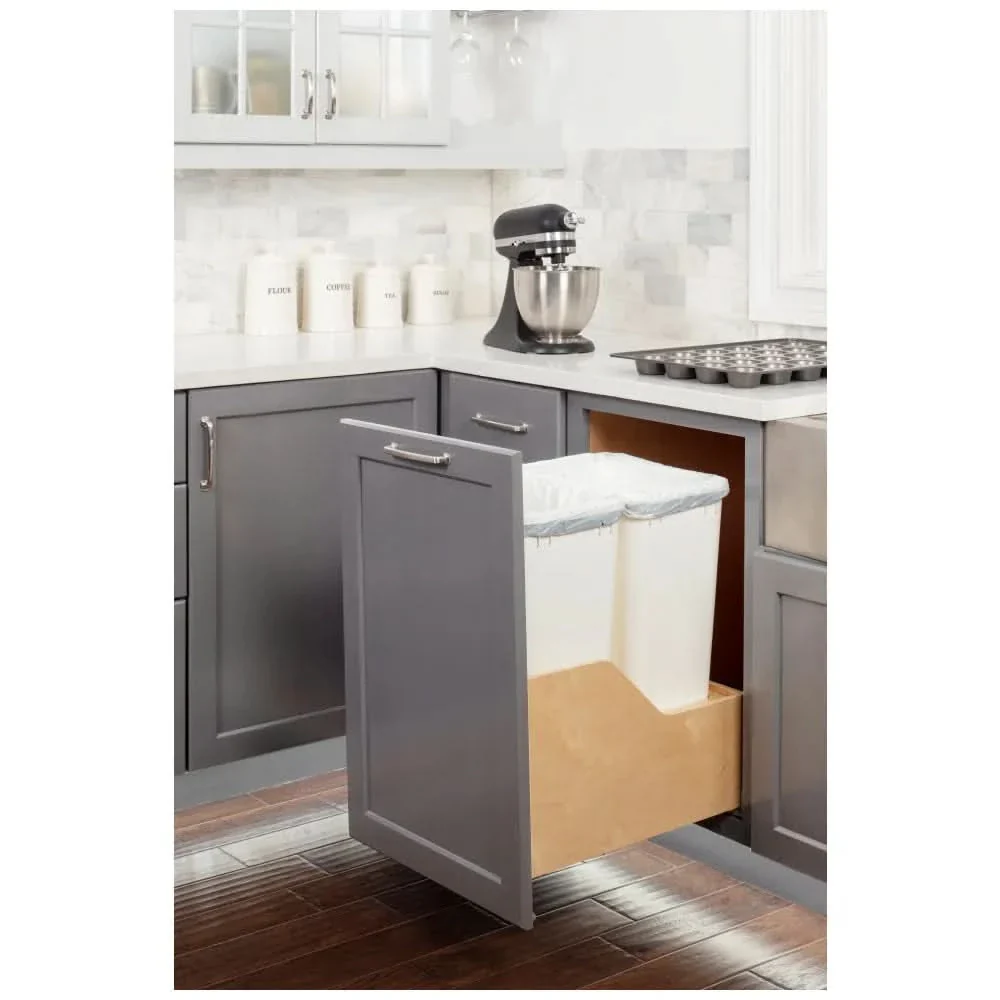 18" Double 50 Quart Wood Bottom-Mount Soft-close Trashcan Rollout for Door Mounting, Includes Two Cans - Hardware Resources - Image 3