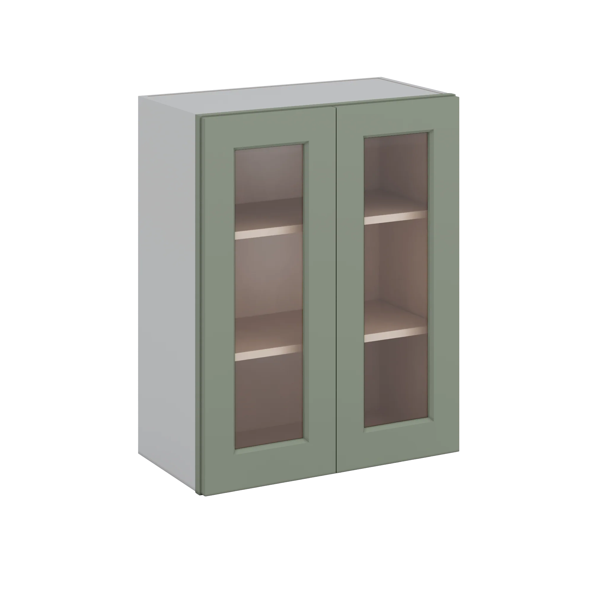 30" Tall Green Shaker 1-1/4" Overlay Wall Glass Cabinet - Double Door 24", 27", 30", 33" & 36" Wide