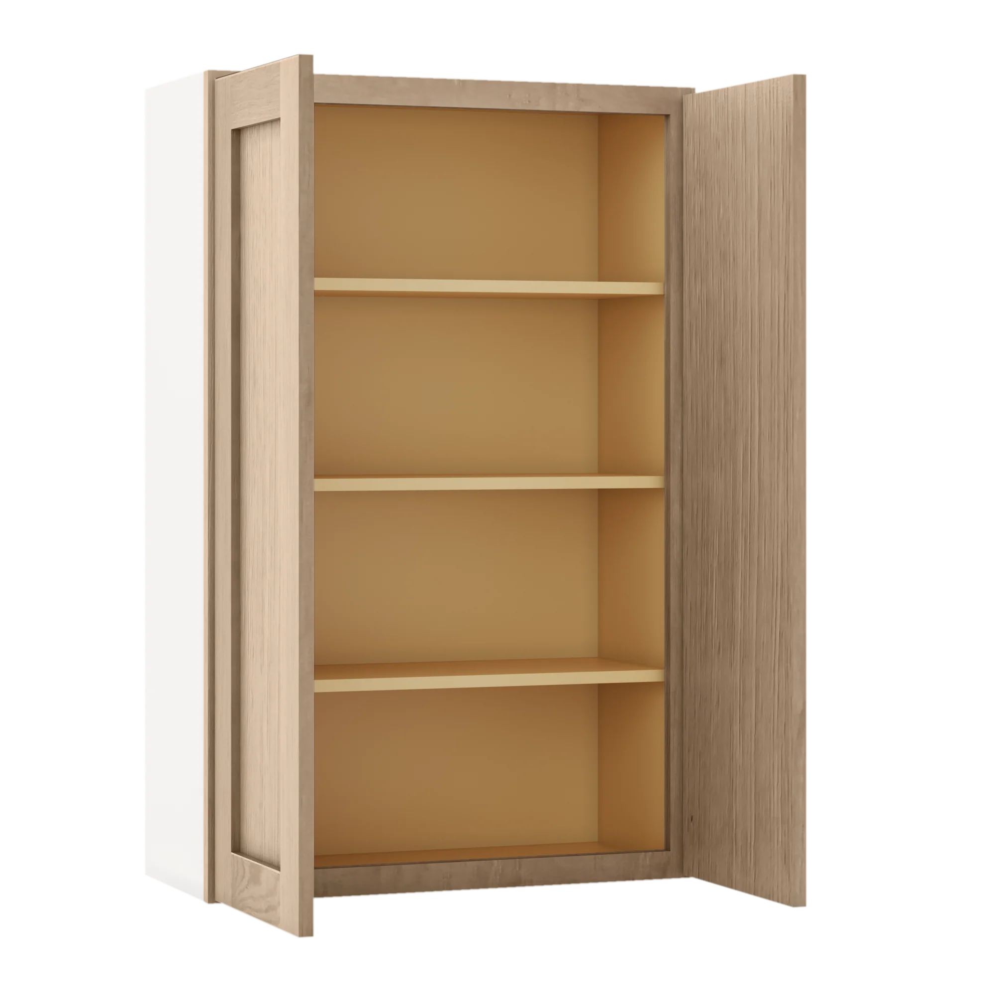 42" Tall Natural Color 17ROS - Redondo White Oak Shaker 1-1/4" Overlay Wall Cabinet - Double Door 24", 27", 30", 33", 36" - Image 4