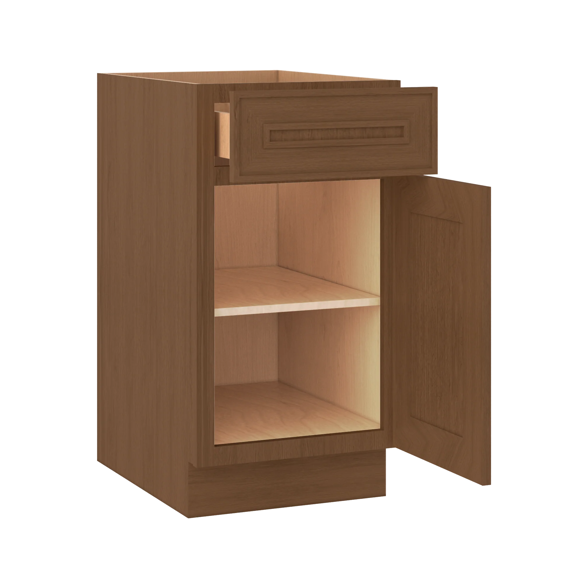 Base 9", 12", 15", 18", 21" Mocha - Elegant Oak Craftsman Shaker 1-1/4" Overlay Base Cabinet - One Door - One Drawer - Image 11