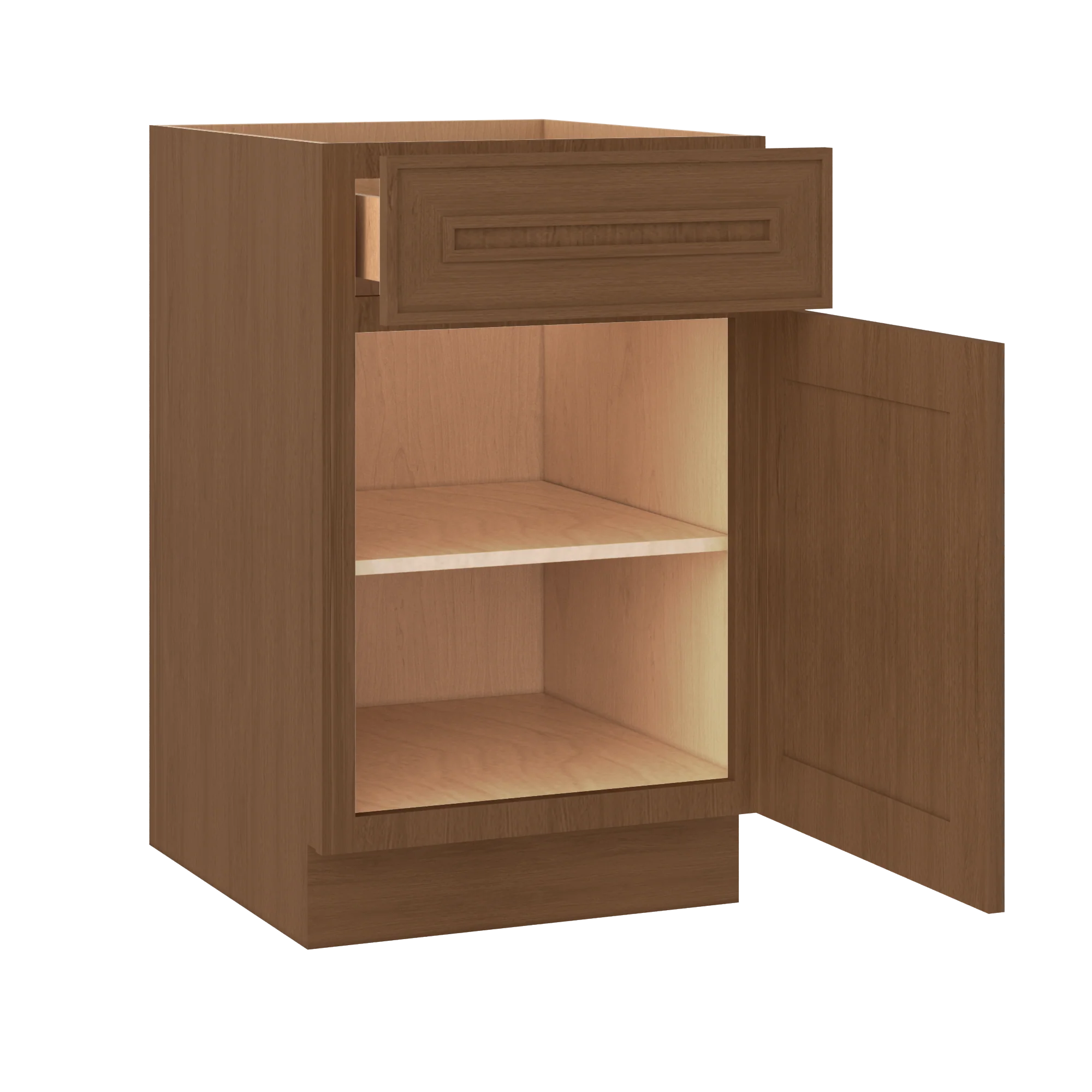 Base 9", 12", 15", 18", 21" Mocha - Elegant Oak Craftsman Shaker 1-1/4" Overlay Base Cabinet - One Door - One Drawer - Image 14