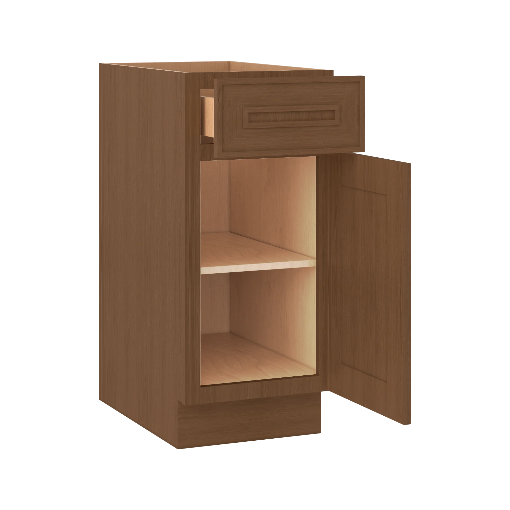 Base 9", 12", 15", 18", 21" Mocha - Elegant Oak Craftsman Shaker 1-1/4" Overlay Base Cabinet - One Door - One Drawer - Image 9