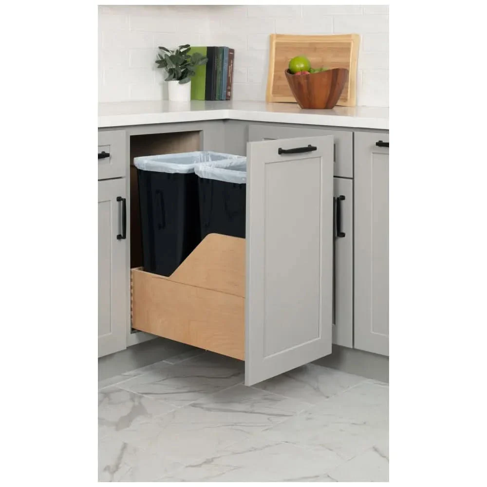 15" Double 50 Quart Wood Bottom-Mount Soft-close Trashcan Rollout for Door Mounting, Includes Black Cans - Hardware Resources