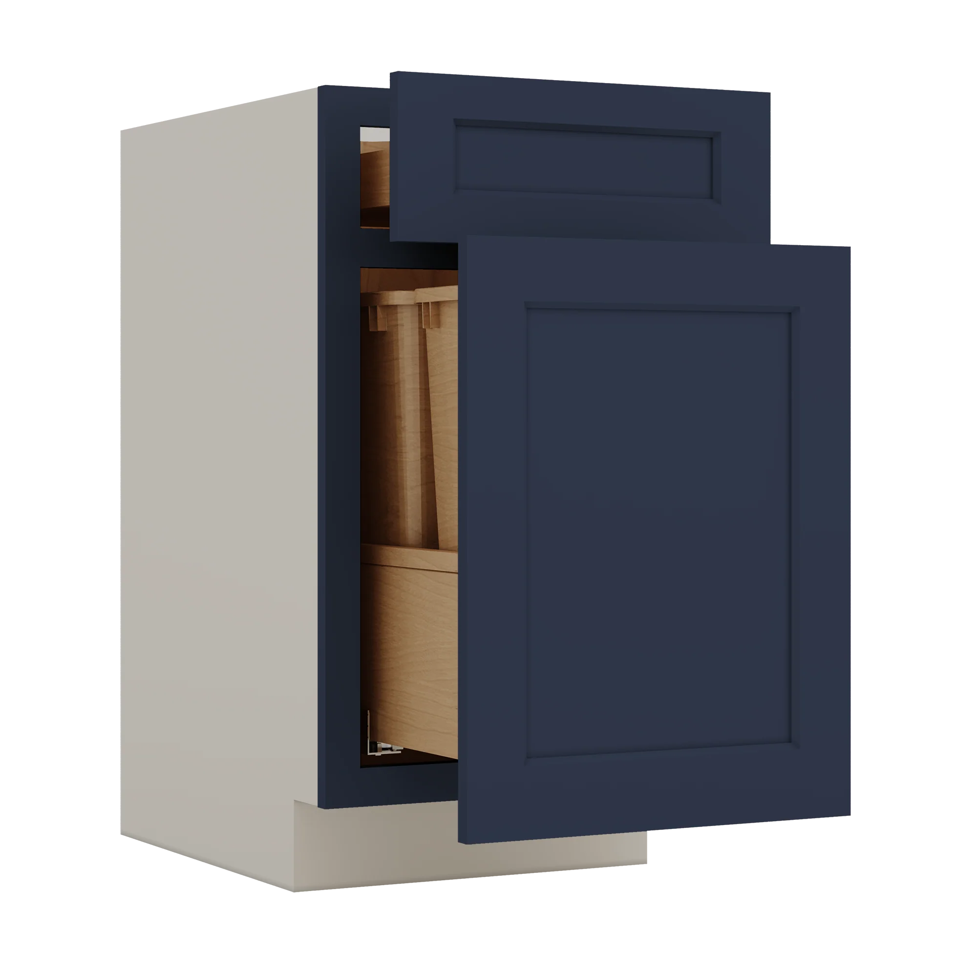 Trash Can Pull Out Base Cabinet NB29 Naval Blue Shaker 1-1/4" Overlay 15" and 18" Wide - Image 4