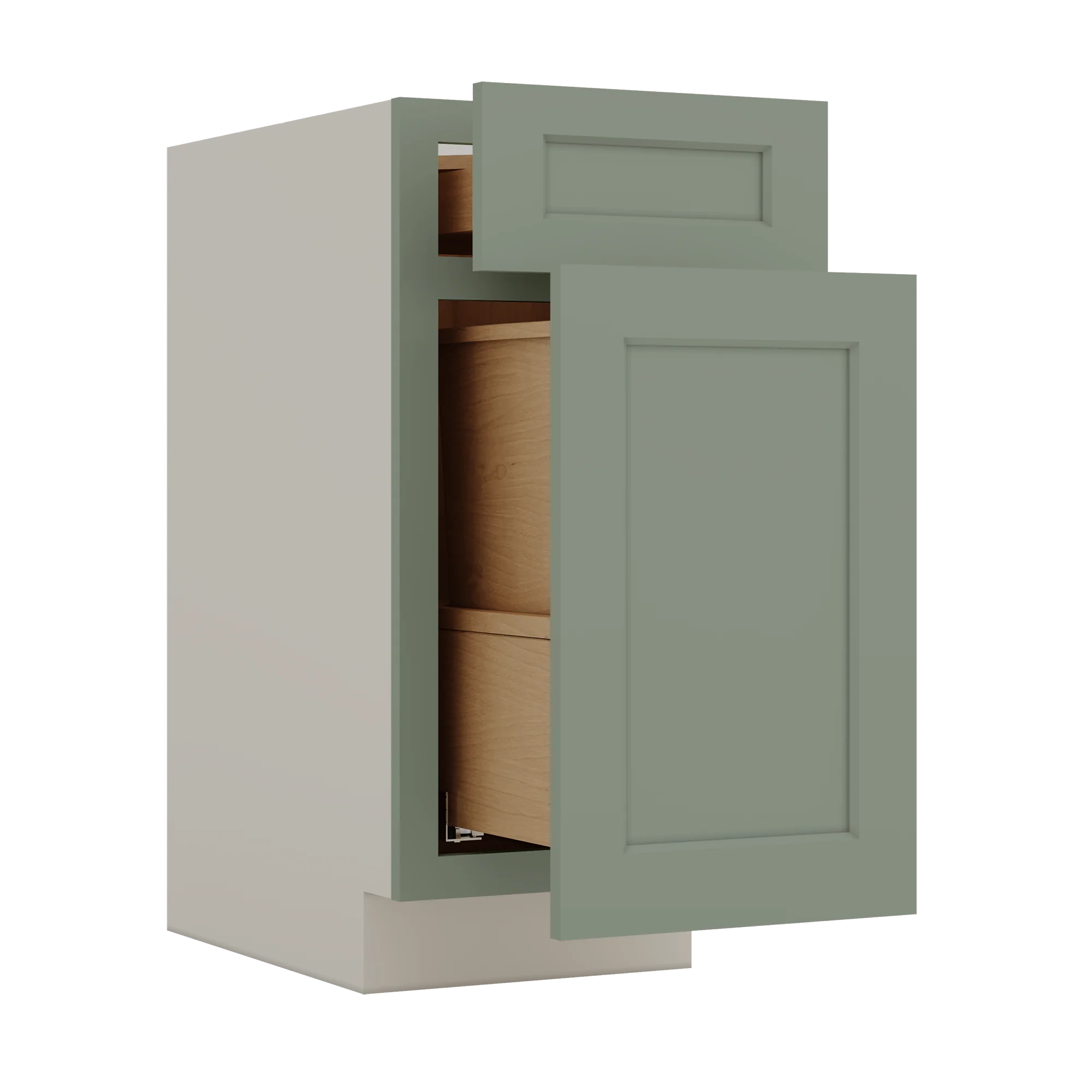 15" and 18" Wide Trash Can Pull Out Base Cabinet Green Shaker 1-1/4" Overlay - Image 2