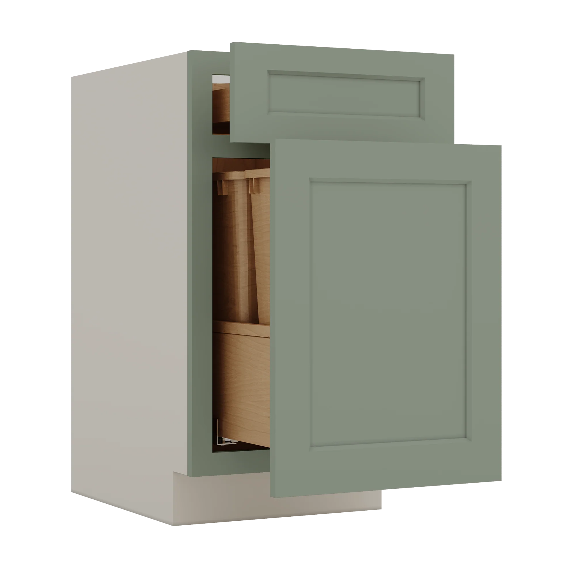 15" and 18" Wide Trash Can Pull Out Base Cabinet Green Shaker 1-1/4" Overlay - Image 4